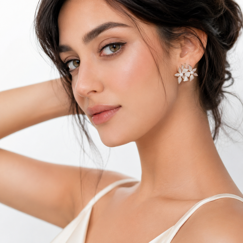 Premium Green/Pearl White Floral Stud Earrings for Women
