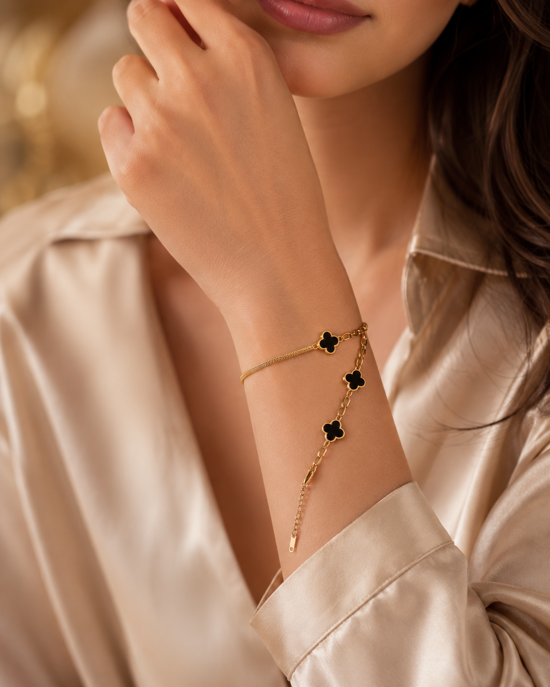 Triple Black Clover Gold Plated Adjustable Bracelet
