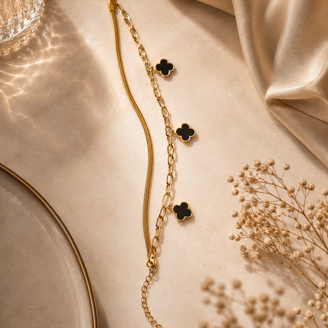 Triple Black Clover Gold Plated Adjustable Bracelet