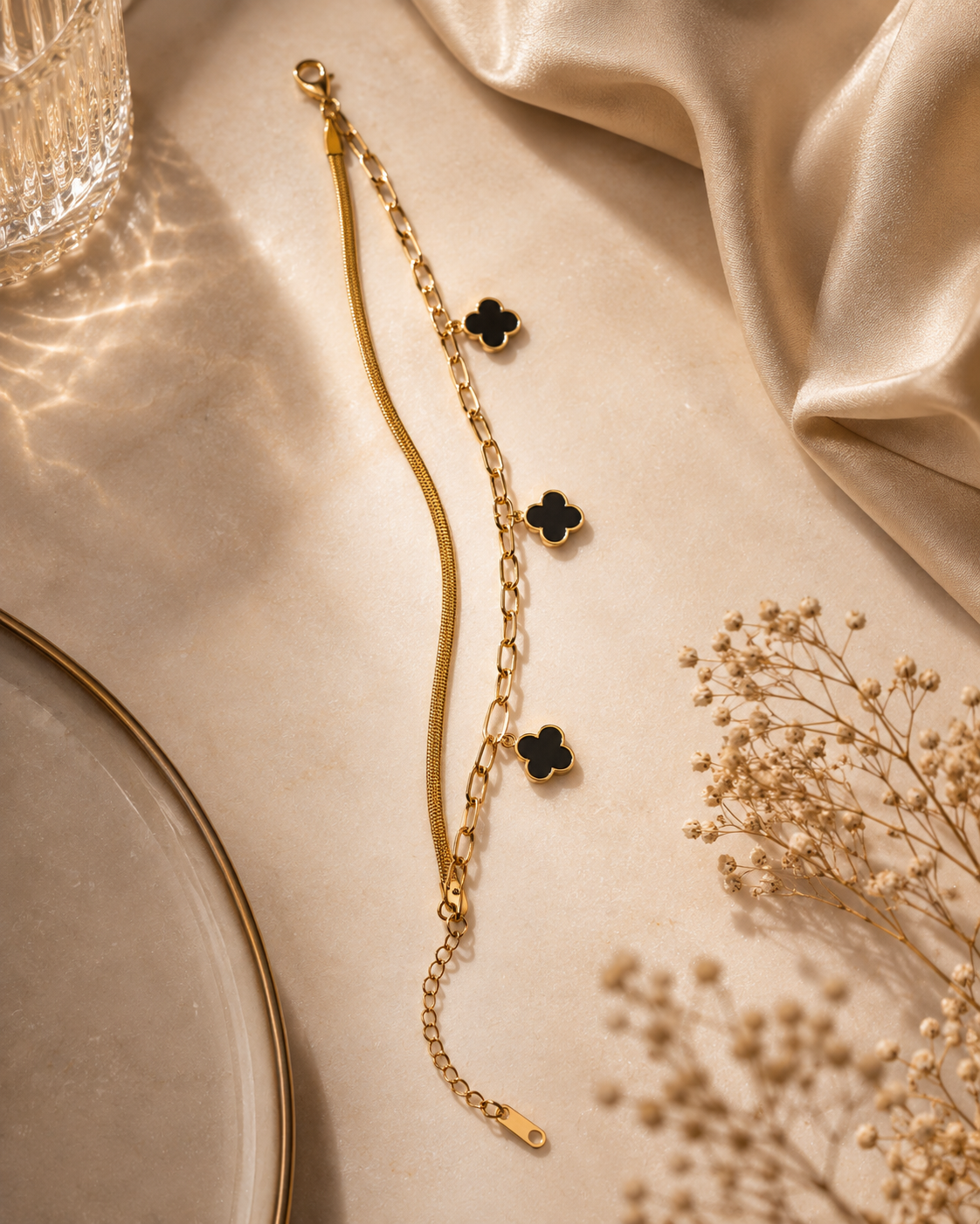 Triple Black Clover Gold Plated Adjustable Bracelet