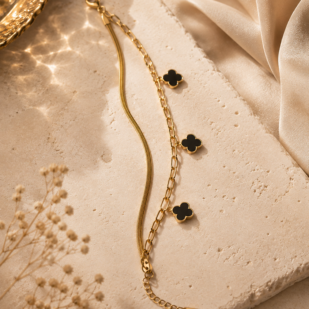 Triple Black Clover Gold Plated Adjustable Bracelet