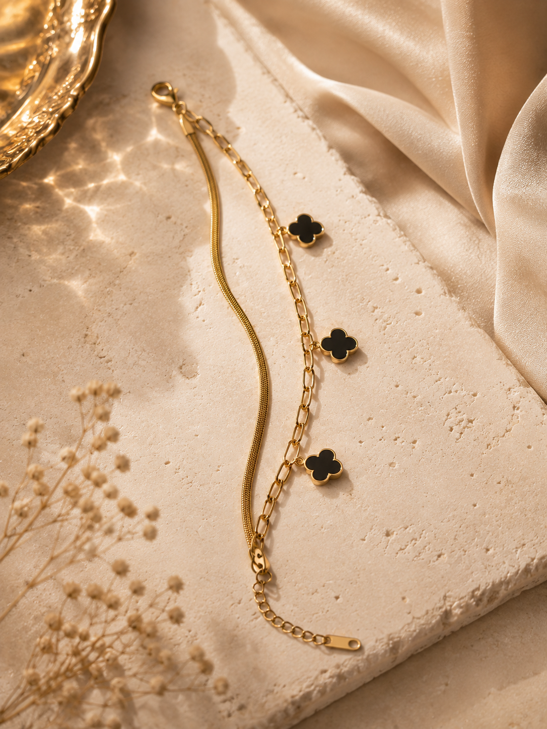 Triple Black Clover Gold Plated Adjustable Bracelet
