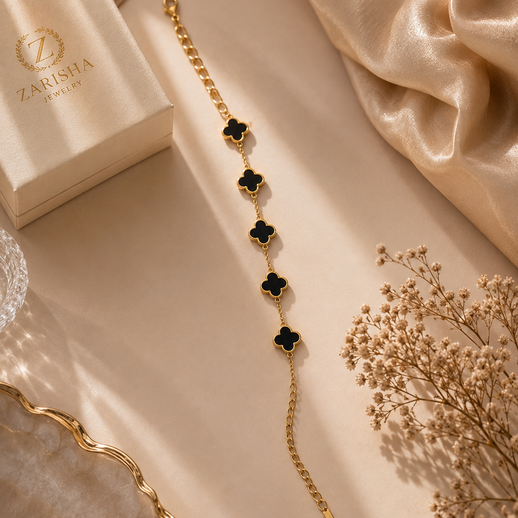 Five Black Clover Gold Plated Adjustable Bracelet