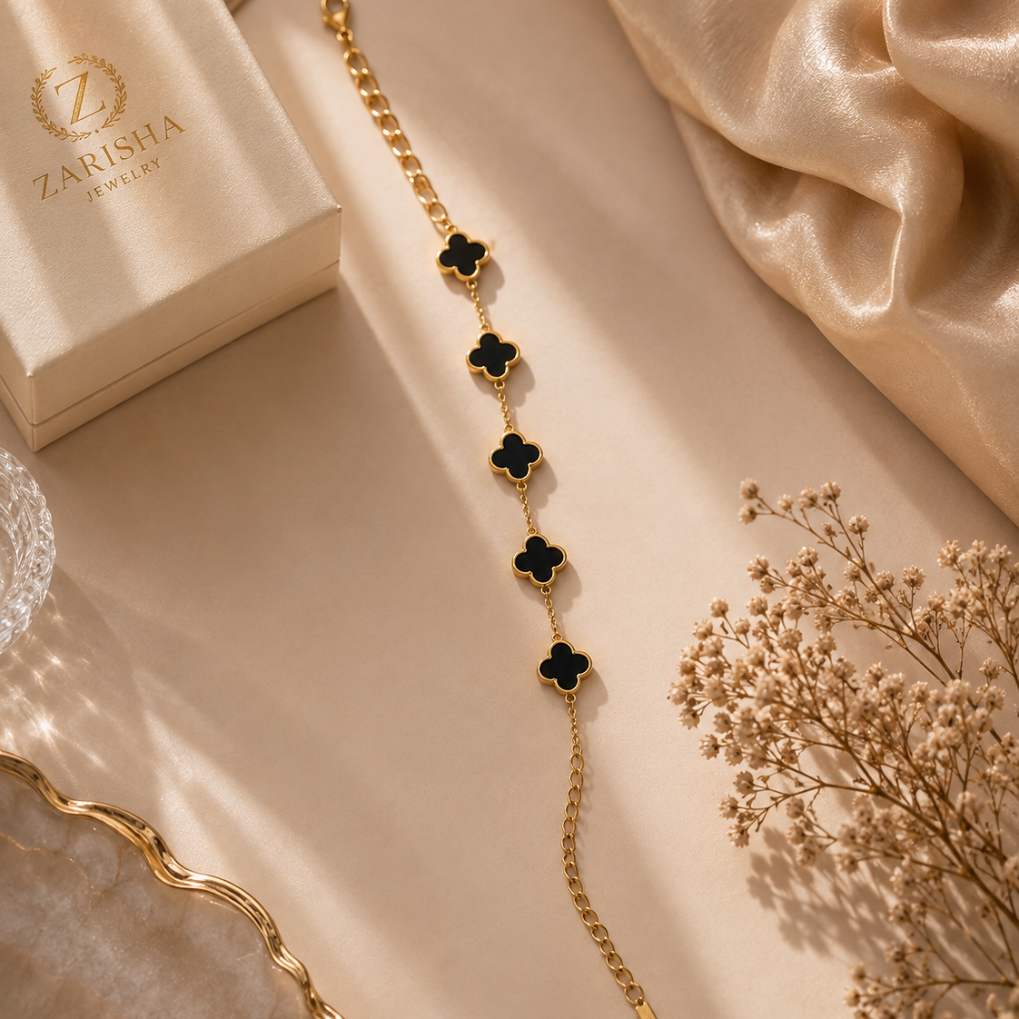 Five Black Clover Gold Plated Adjustable Bracelet
