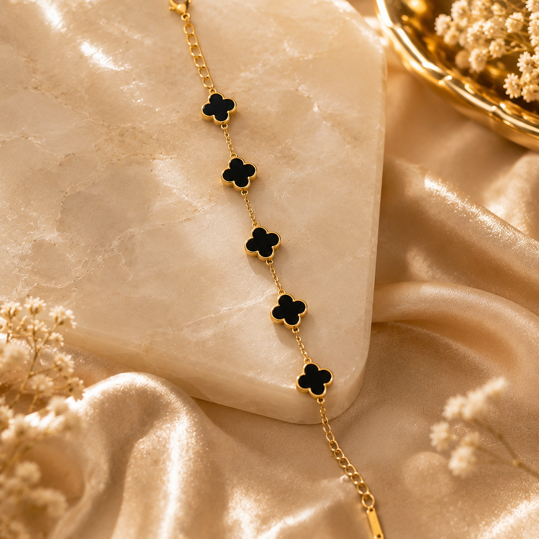 Five Black Clover Gold Plated Adjustable Bracelet