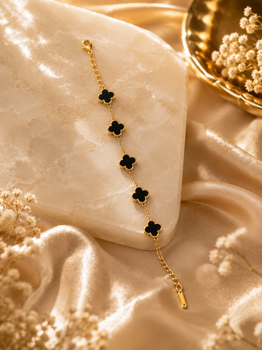 Five Black Clover Gold Plated Adjustable Bracelet