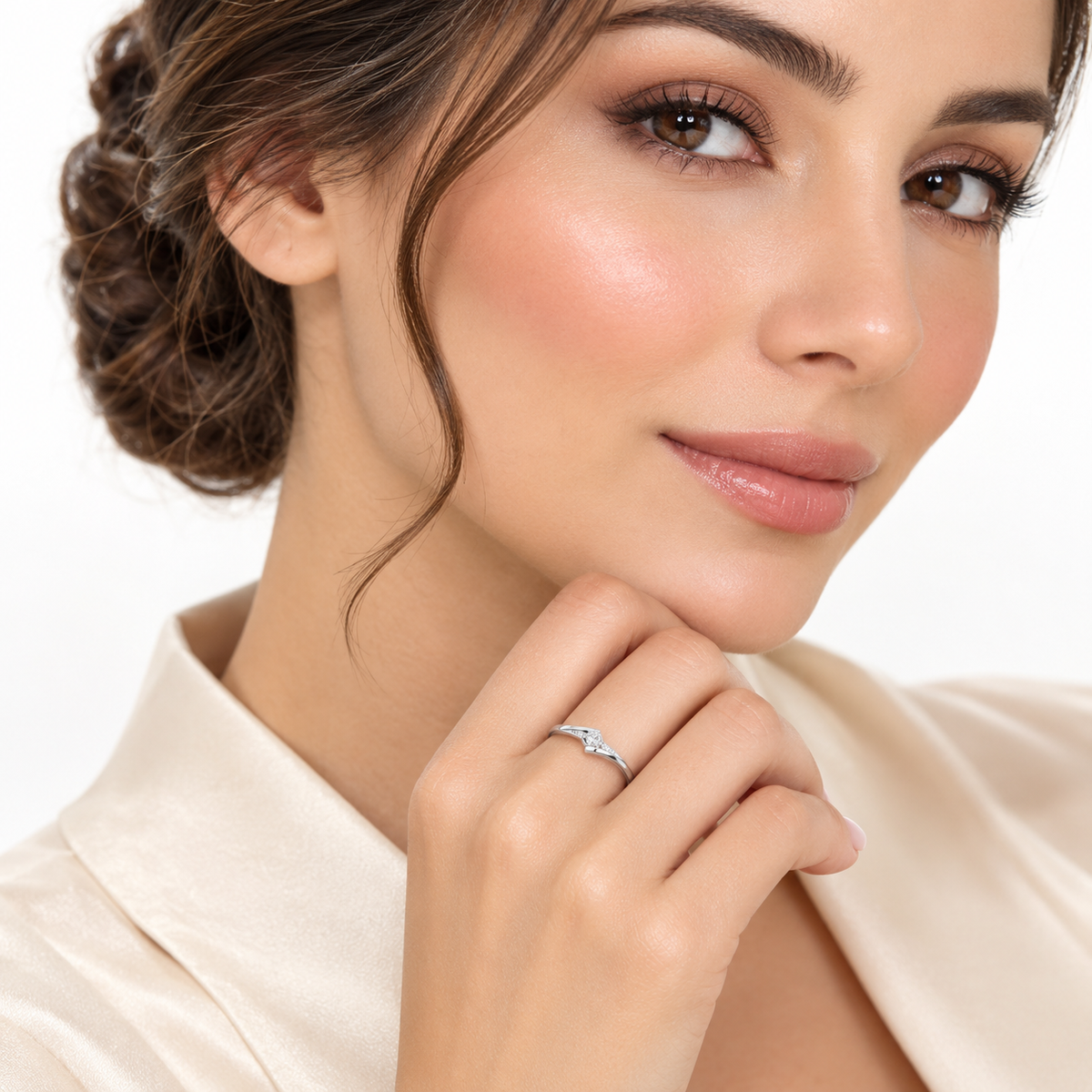 ZARISHA Delicate Wave Solitaire Ring with Side Accents