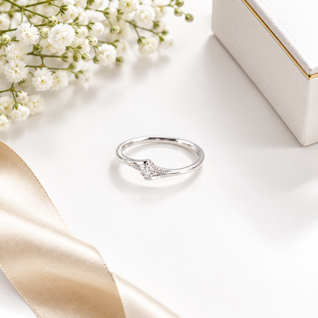 ZARISHA Delicate Wave Solitaire Ring with Side Accents