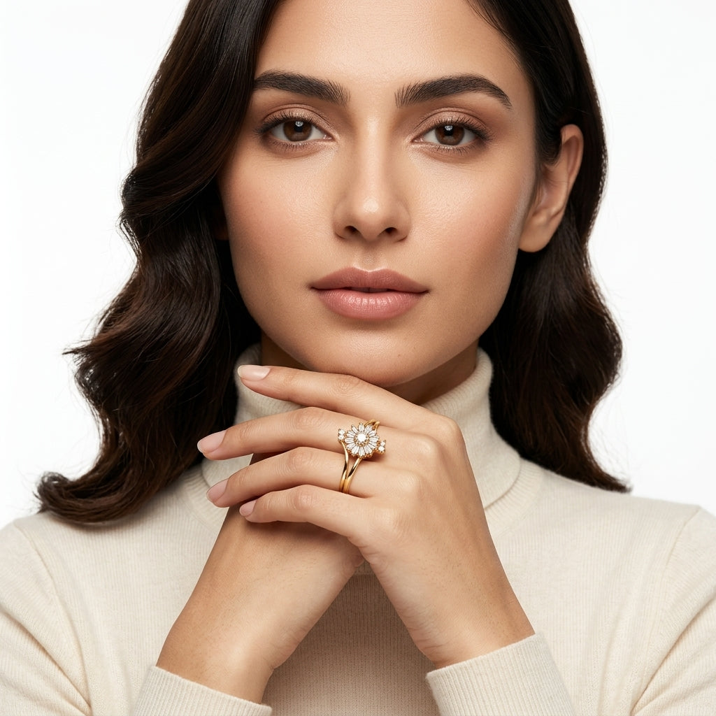 ZARISHA Gold Floral Starburst Diamond Ring