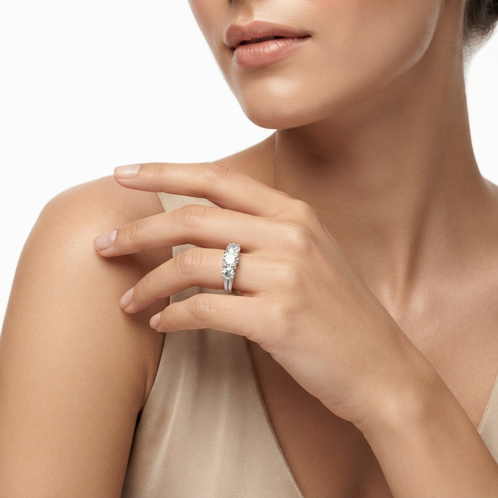 Classic Three-Stone CZ Pave Silver Ring | Zarisha
