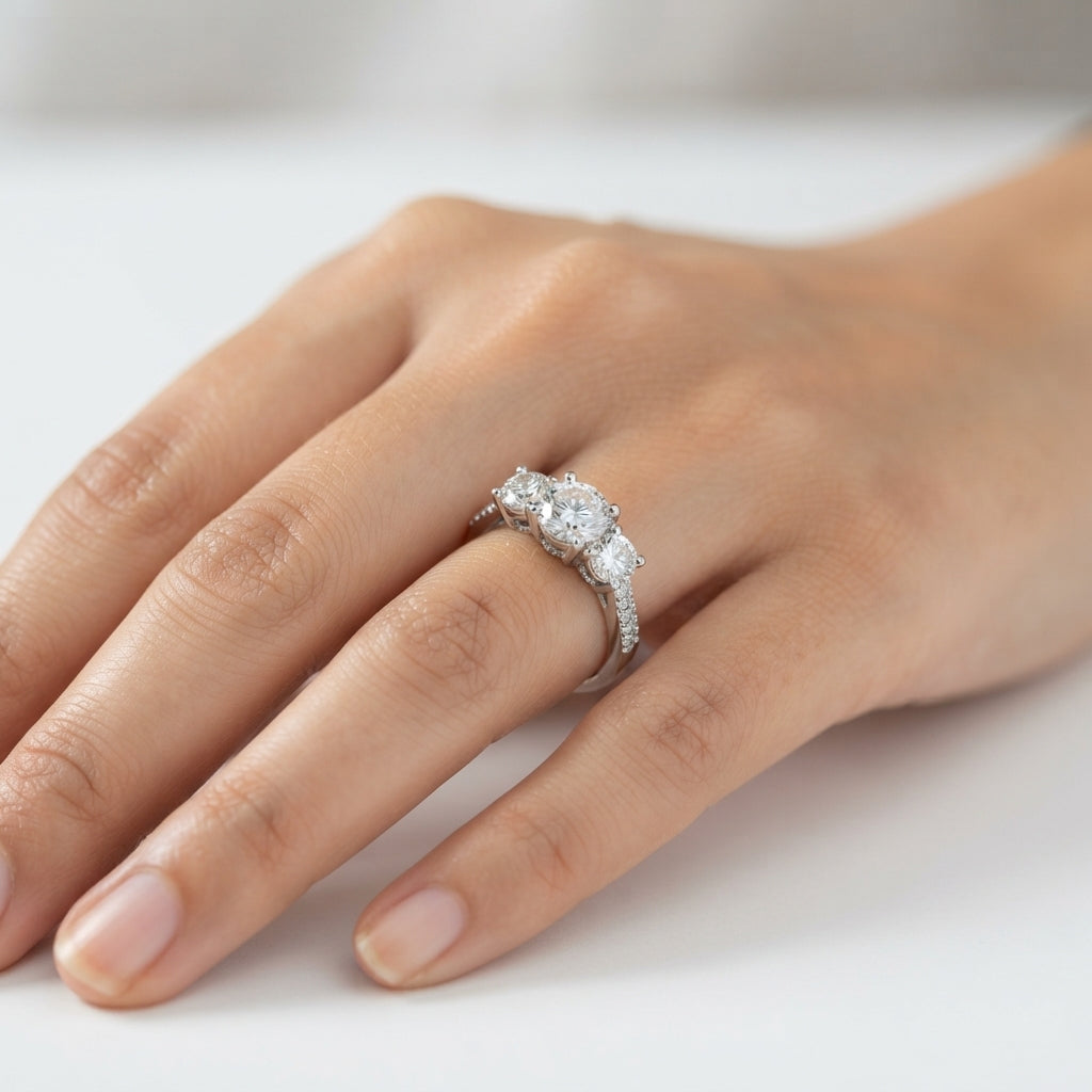 Classic Three-Stone CZ Pave Silver Ring | Zarisha