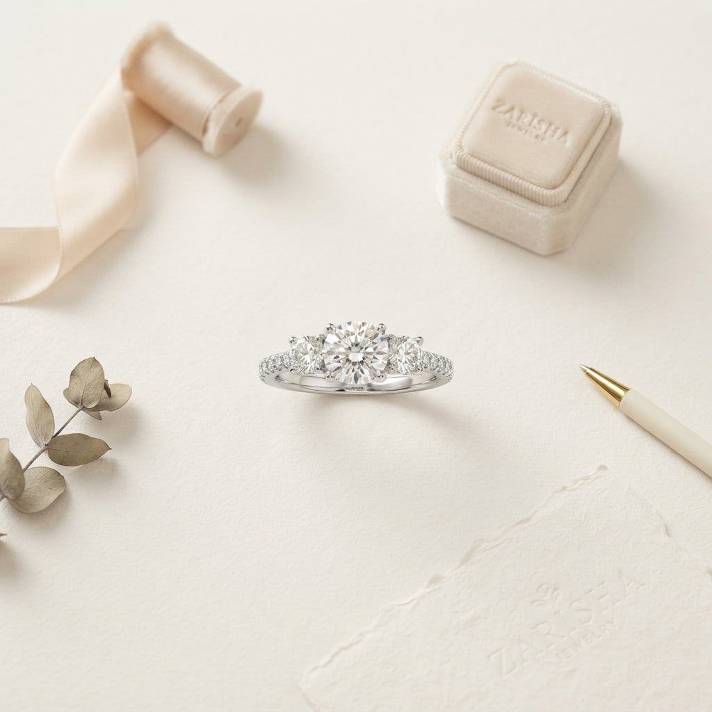 Classic Three-Stone CZ Pave Silver Ring | Zarisha