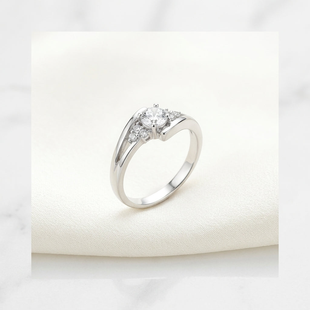 ZARISHA Delicate Wave Solitaire Ring with Side Accents