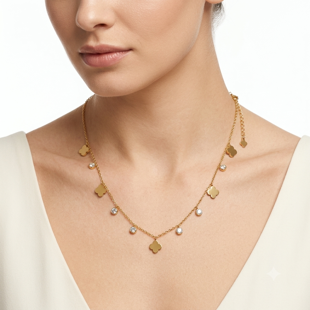 Gold Clover Zircon Necklace for Women
