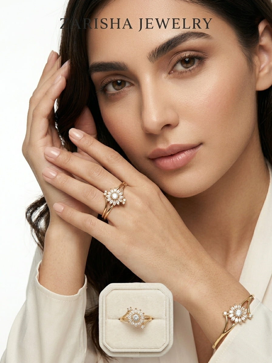 ZARISHA Gold Floral Starburst Diamond Ring