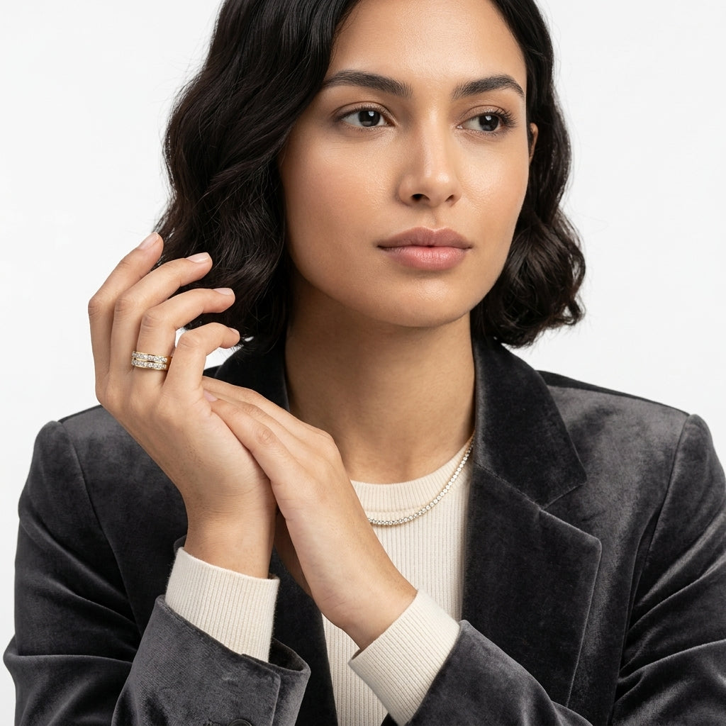 ZARISHA Double Row Pave Diamond Gold Band Ring