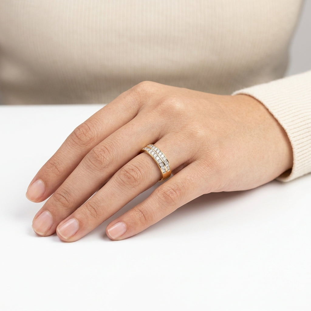 ZARISHA Double Row Pave Diamond Gold Band Ring