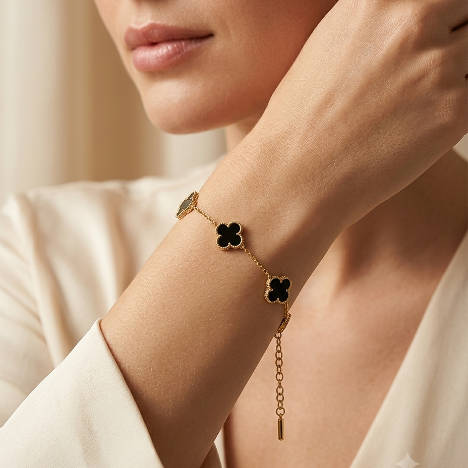Five Black Clover Gold Plated Adjustable Bracelet