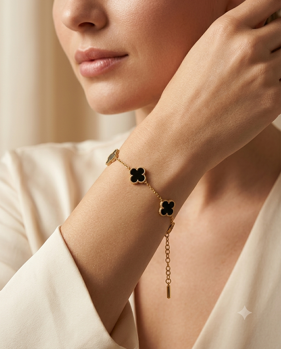 Five Black Clover Gold Plated Adjustable Bracelet
