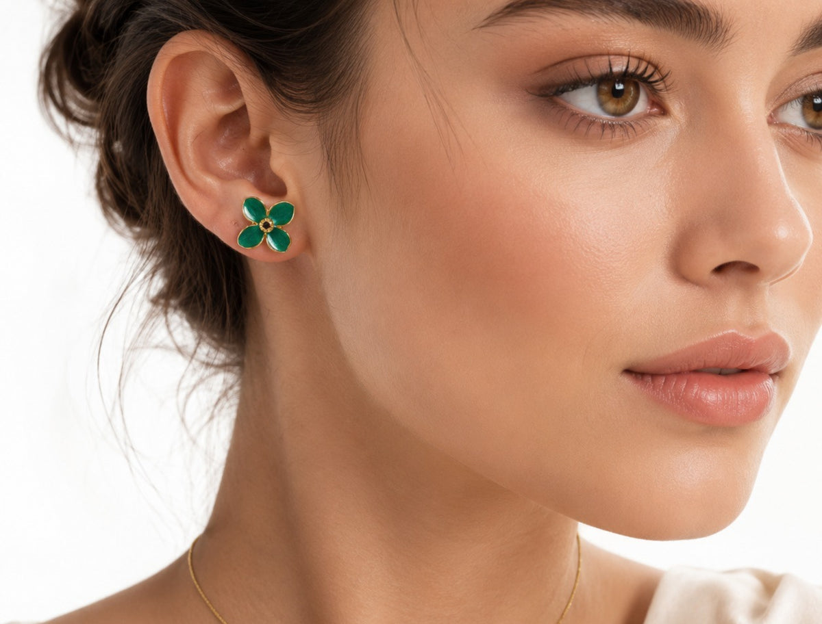 Premium Green/Pearl White Floral Stud Earrings for Women